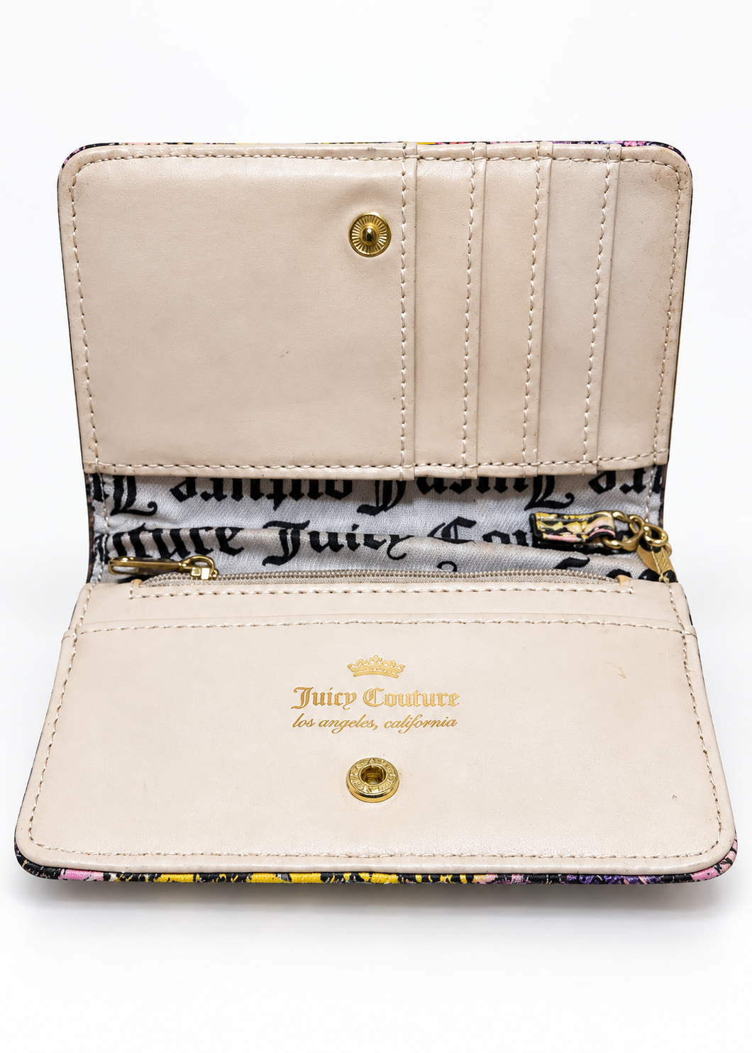 Juicy Couture bifold wallet open interior with card slots and script lining
