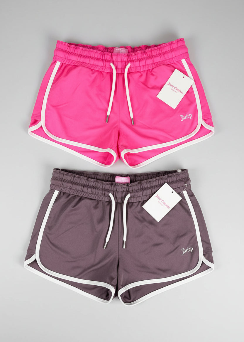 Juicy Couture Sport dolphin shorts in Fierce Love pink and Moonscape gray, front view