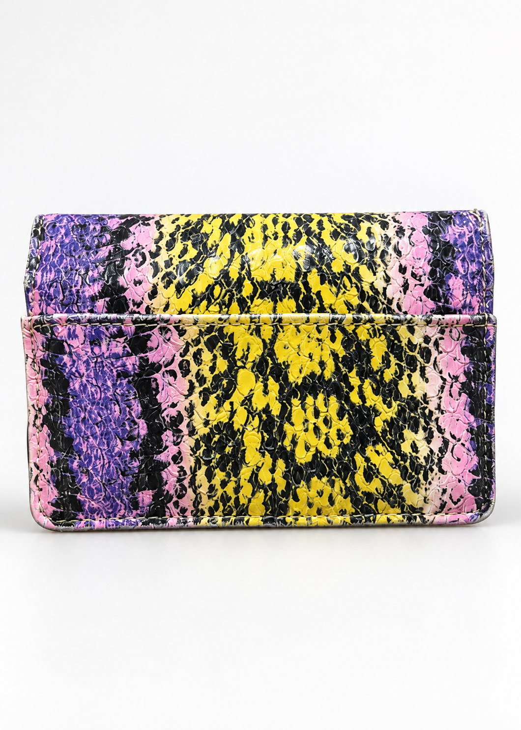 Juicy Couture yellow pink purple snakeskin wallet rear slip pocket view one