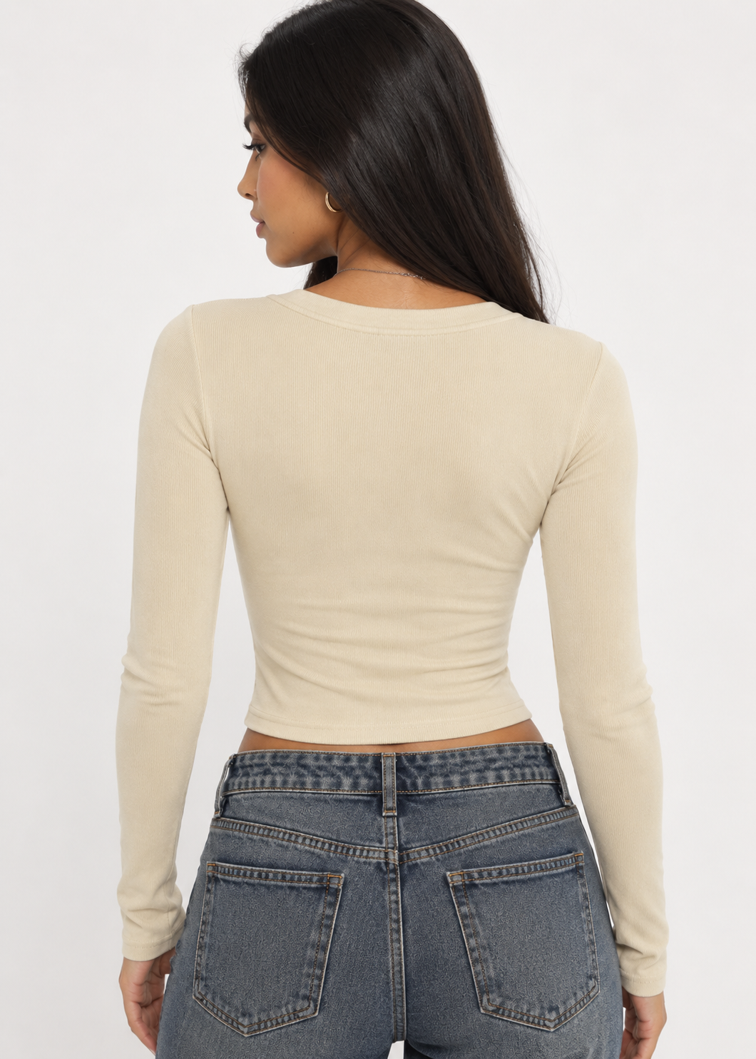 Landon pearl-button long-sleeve top in khaki, back model view