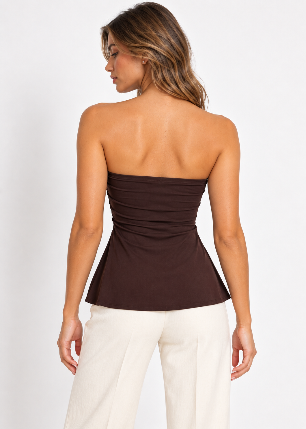 Lenora dark brown strapless drape top back view on model