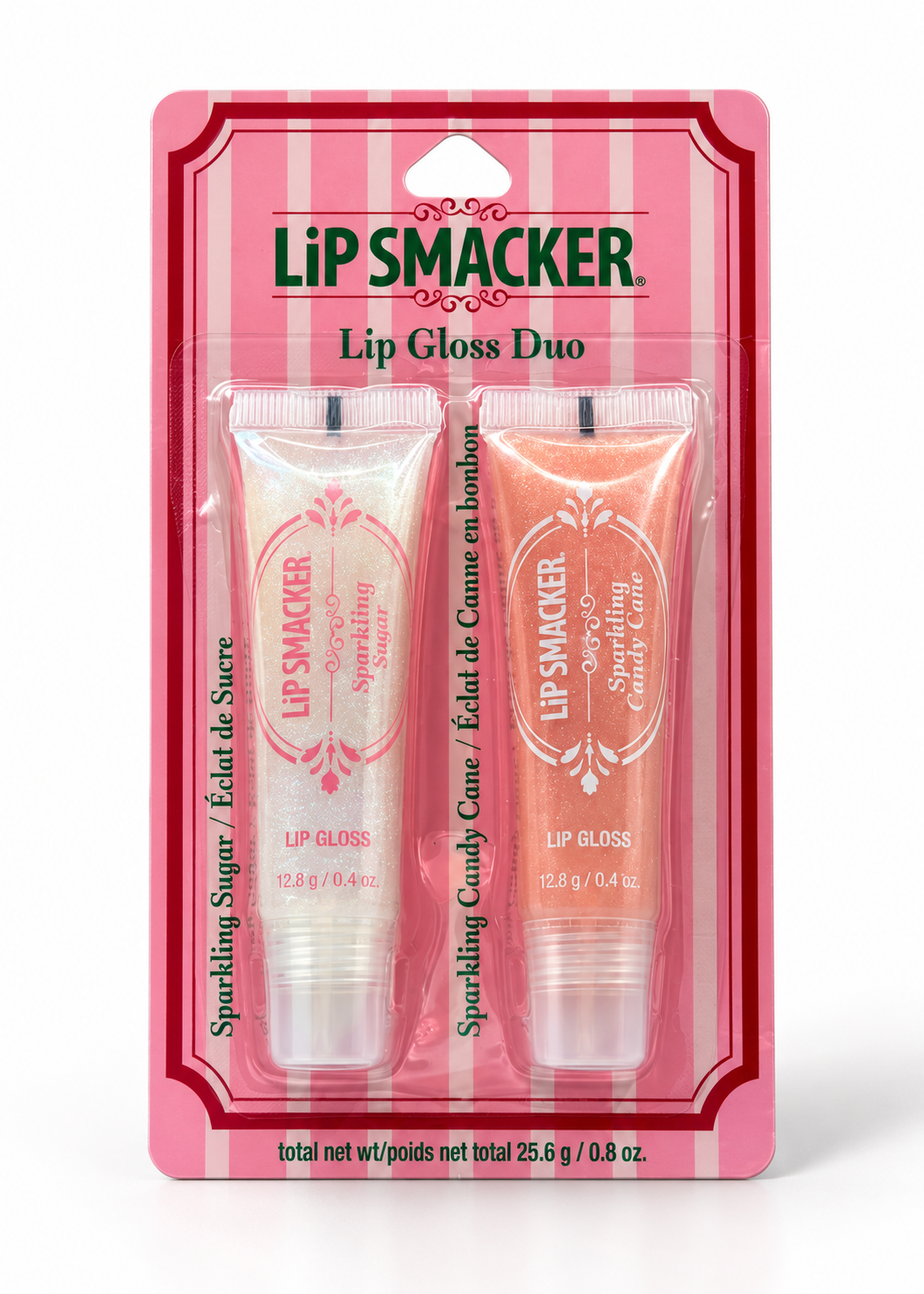 Lip Smacker Holiday Lip Gloss Duo front packaging with Sparkling Sugar and Sparkling Candy Cane glosses on a white studio background