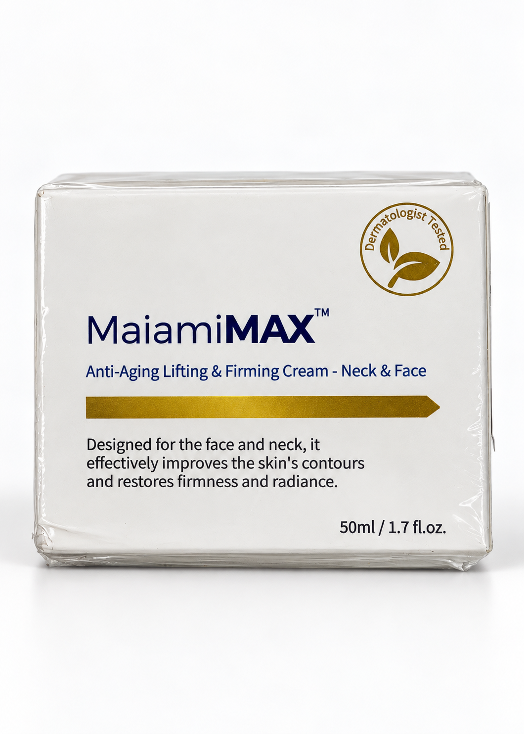 MAIAMIMAX face and neck cream box, 1.7 fl oz, on a white studio background