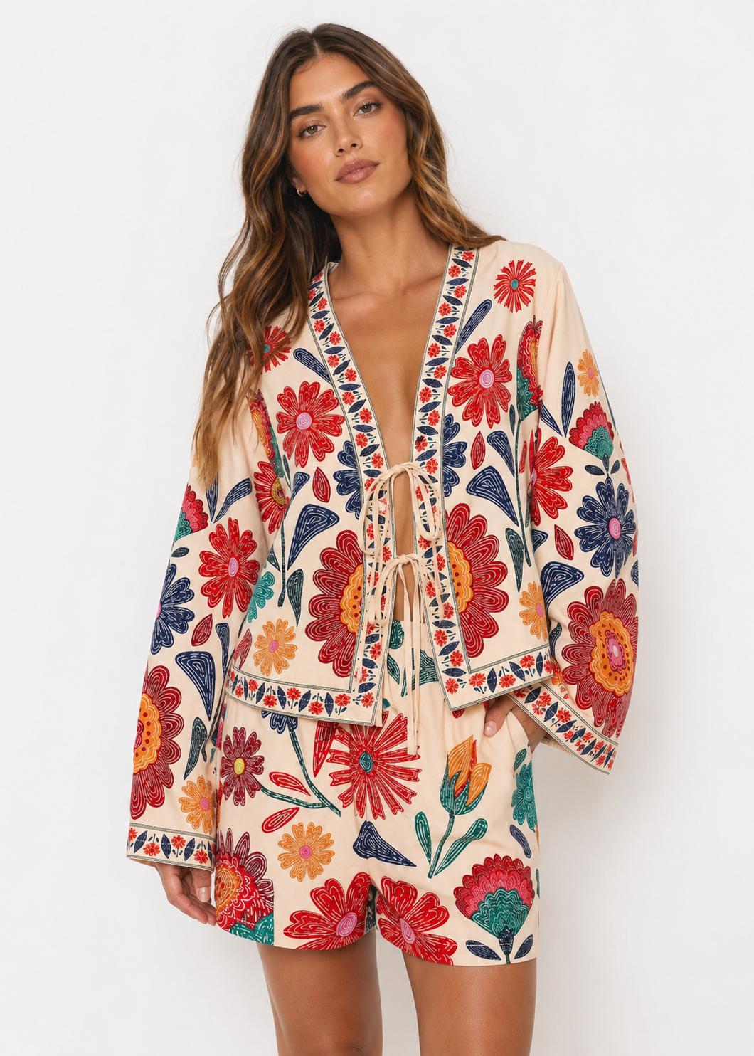 Model wearing the Marisol Floral Tie-Front Shorts Set