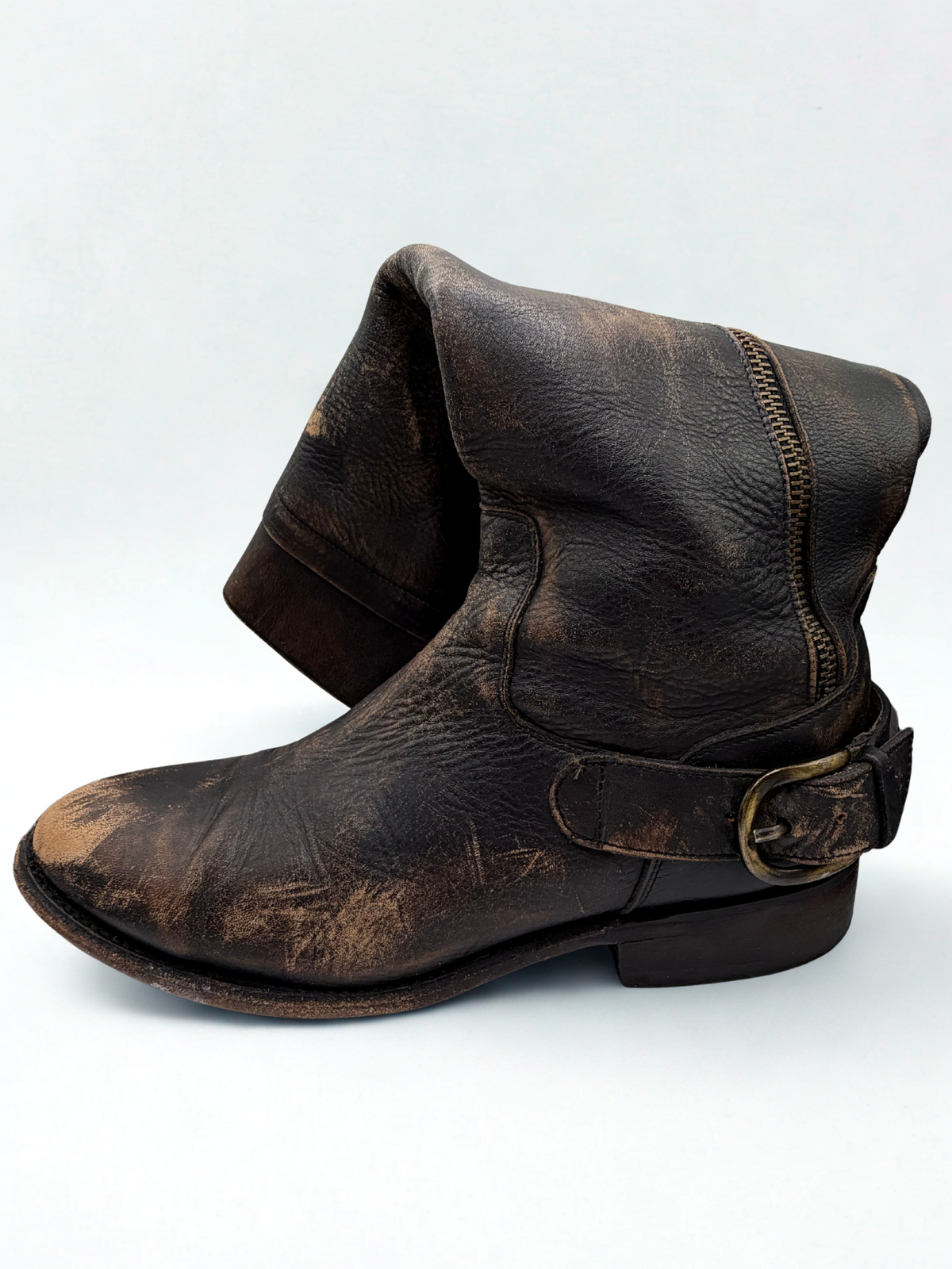Matisse distressed brown leather harness boot with ankle buckle