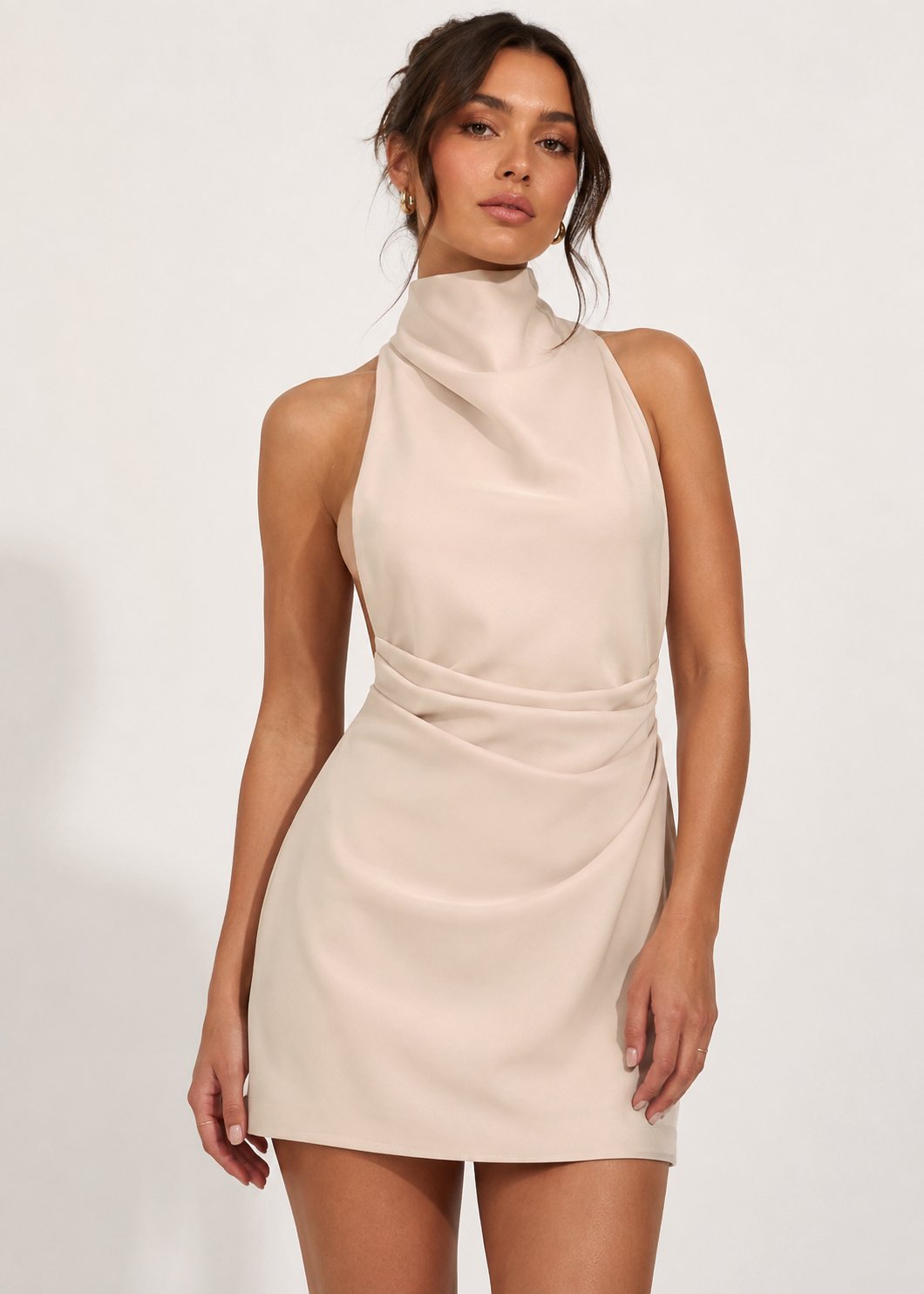 Mila Open Back Mini Dress in Apricot front view on model