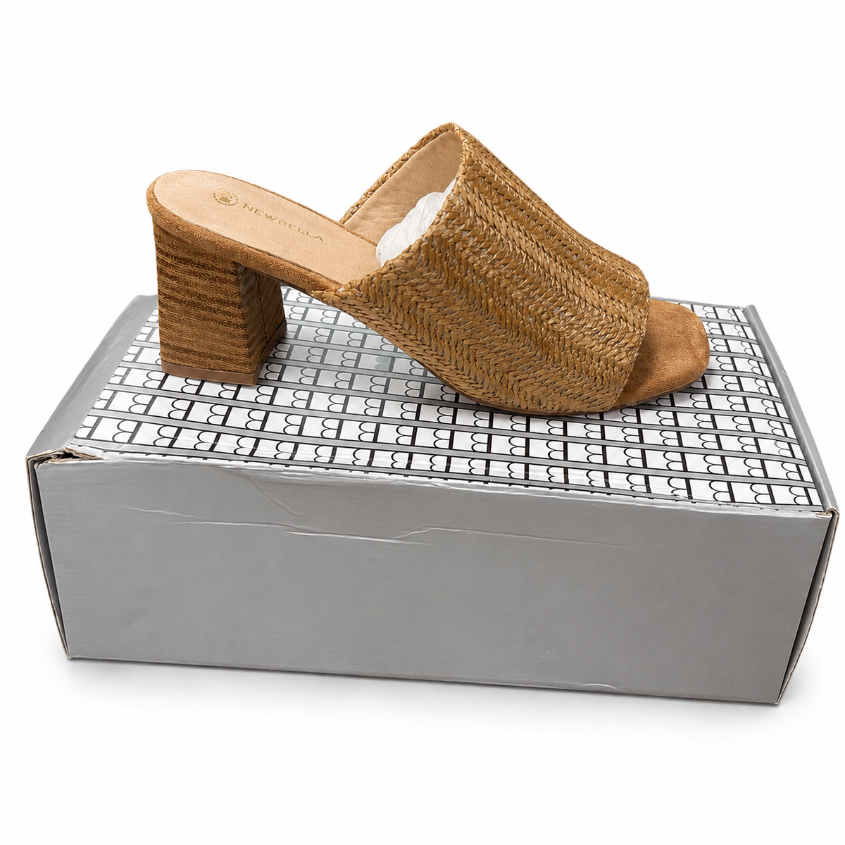 Newbella raffia block heel sandal displayed on original shoebox