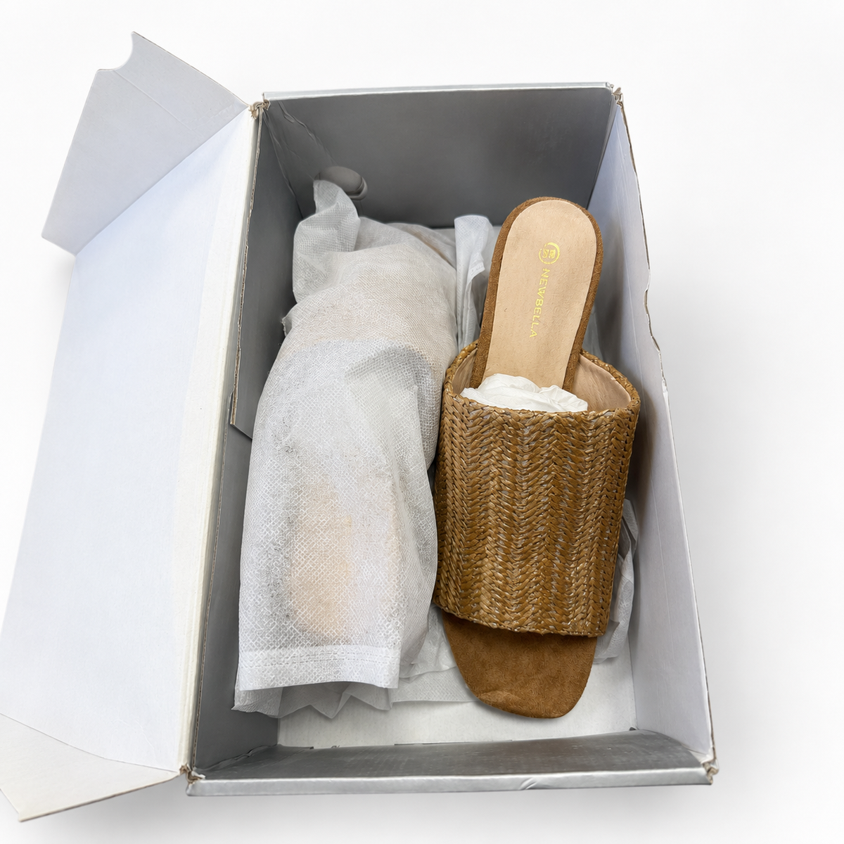 Newbella raffia block heel sandals packaged in original open shoebox