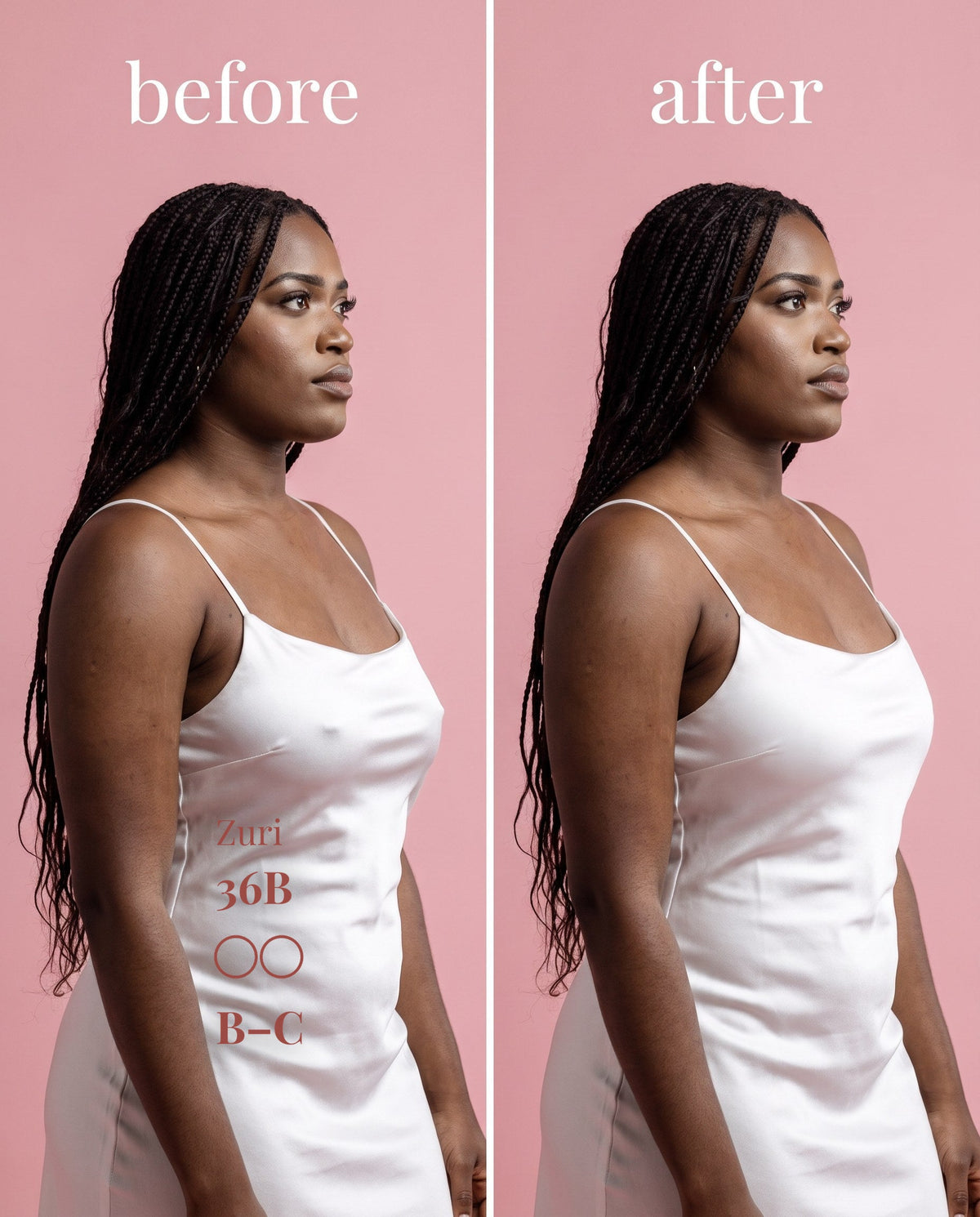 Side view before and after of Sticky Boobs dark covers under a satin slip
