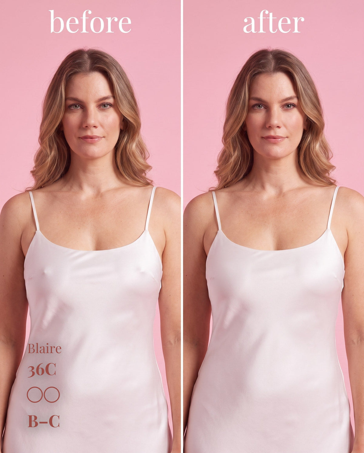 Sticky Boobs before and after under a fitted white slip dress, cup size B-C