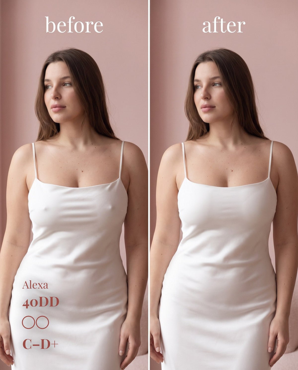 Before and after side view of Sticky Boobs covers under a satin dress, C-D+