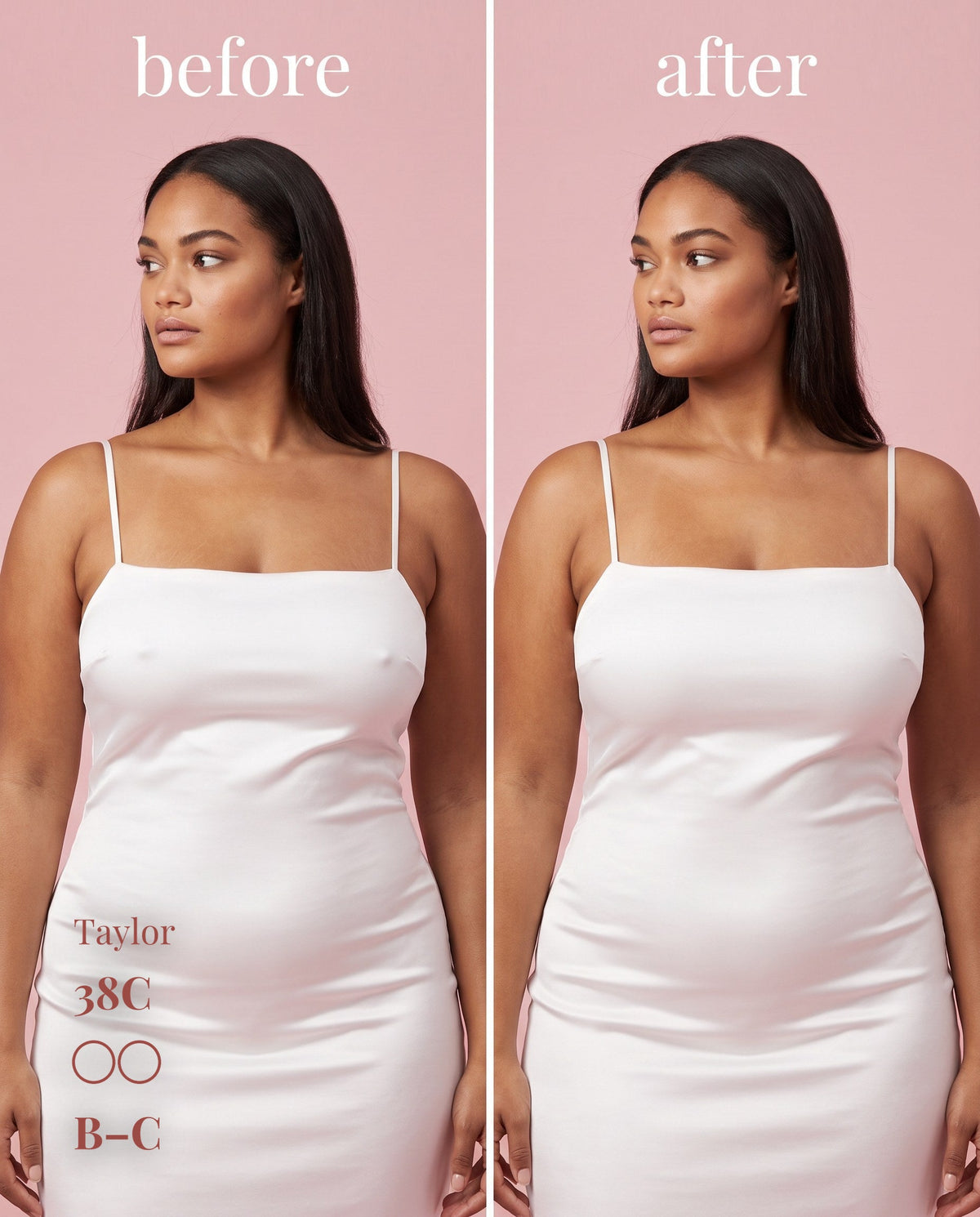 Side angle before and after of Sticky Boobs covers under a white slip, B-C