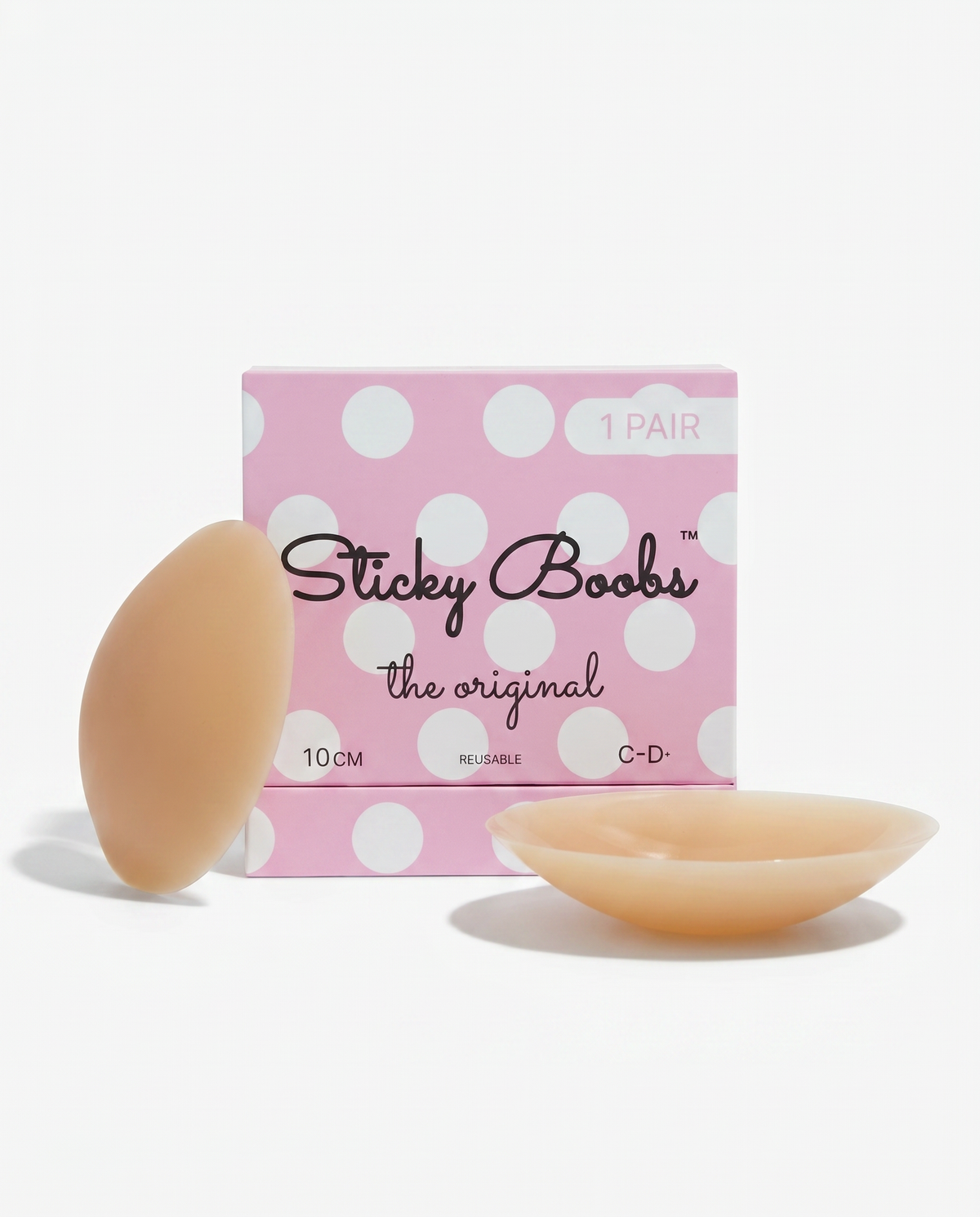 Sticky Boobs reusable silicone nipple covers in tan, cup size C-D, with box