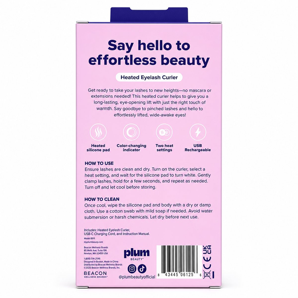 Plum Beauty Lash Lift Off Heated Eyelash Curler in Purple, back packaging and instructions