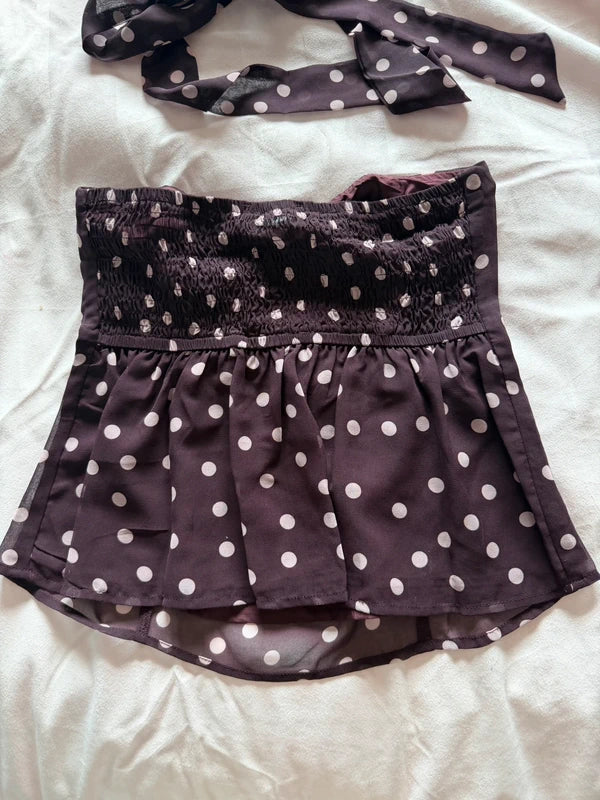 Princess Polly polka dot strapless top, smocked back and matching scarf