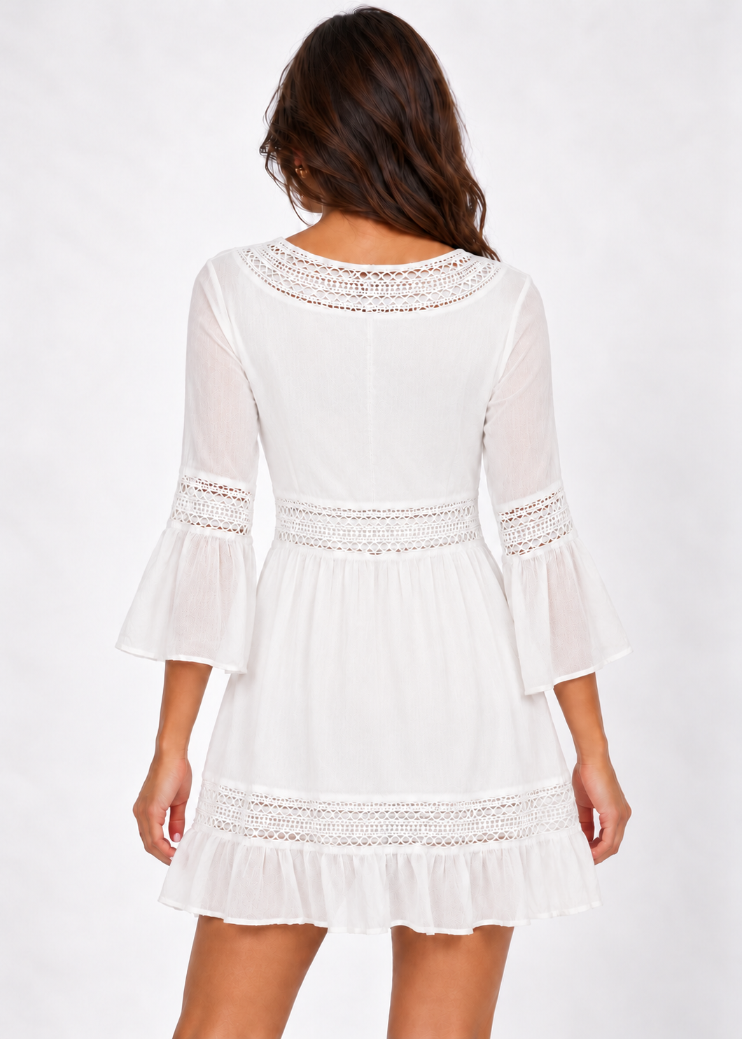 Rebecca Minkoff white crochet mini dress with lining, back model view