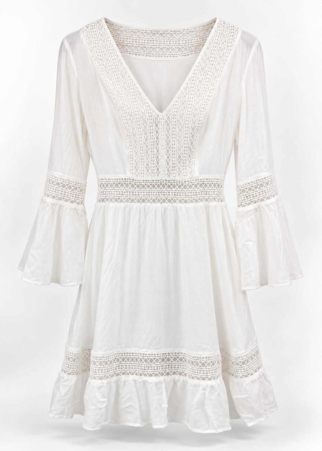 Rebecca Minkoff white crochet mini dress with bell sleeves and ruffle hem, product-only front view
