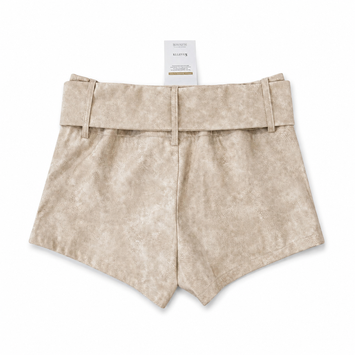 ELLEVEN beige belted faux leather shorts back view