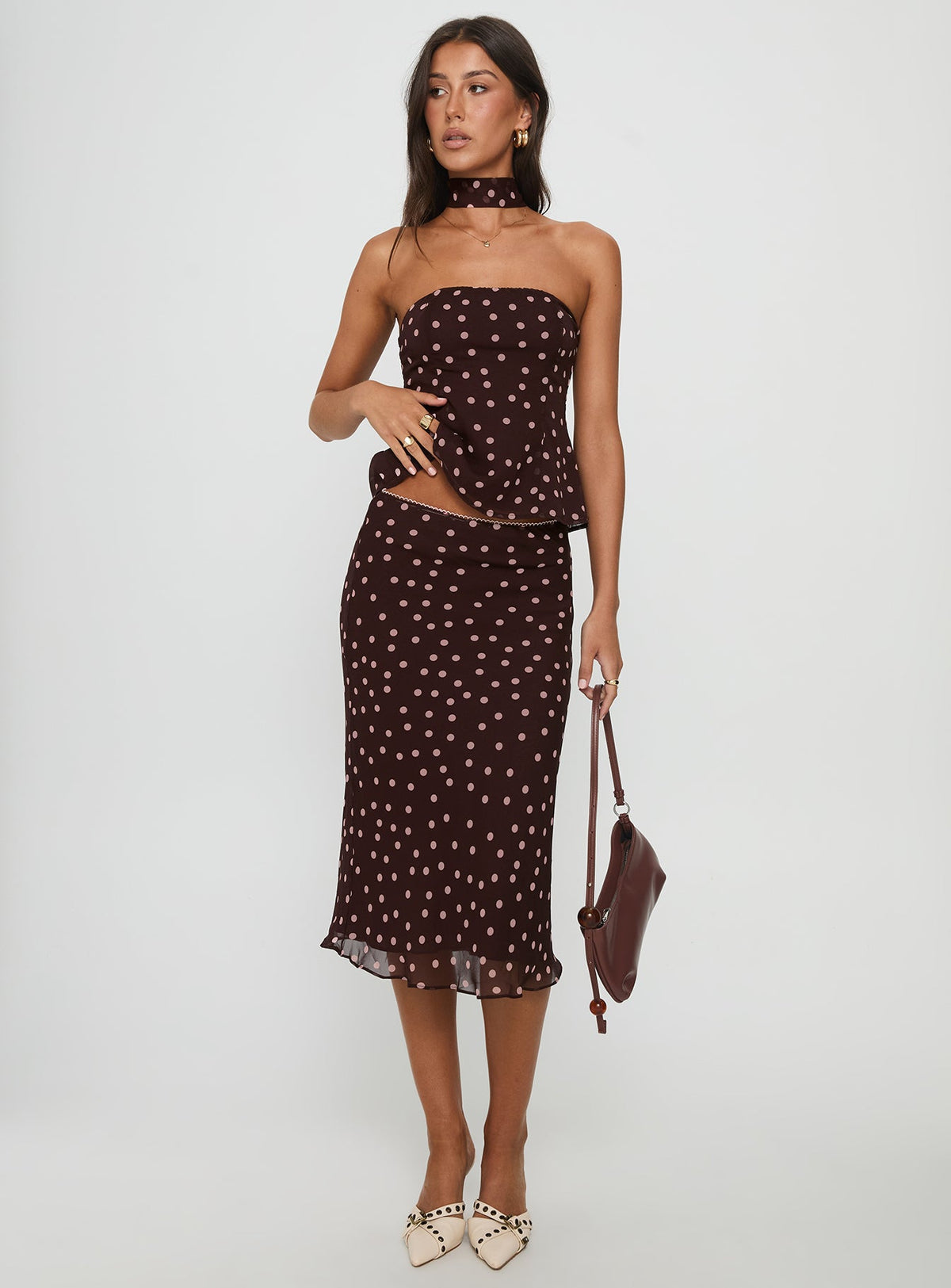 Princess Polly Sydni midi skirt in chocolate brown and pink polka dots, front view alternate