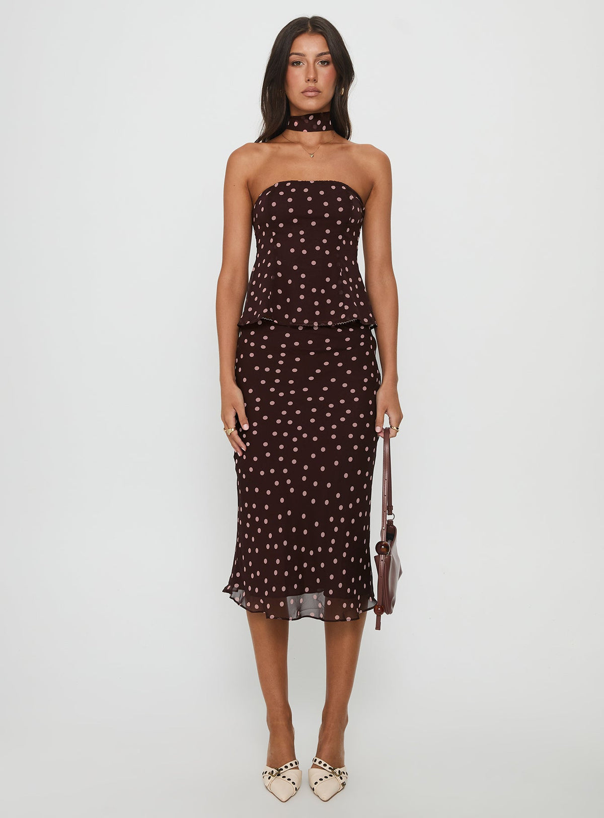 Princess Polly Sydni midi skirt in chocolate brown and pink polka dots, alternate back view