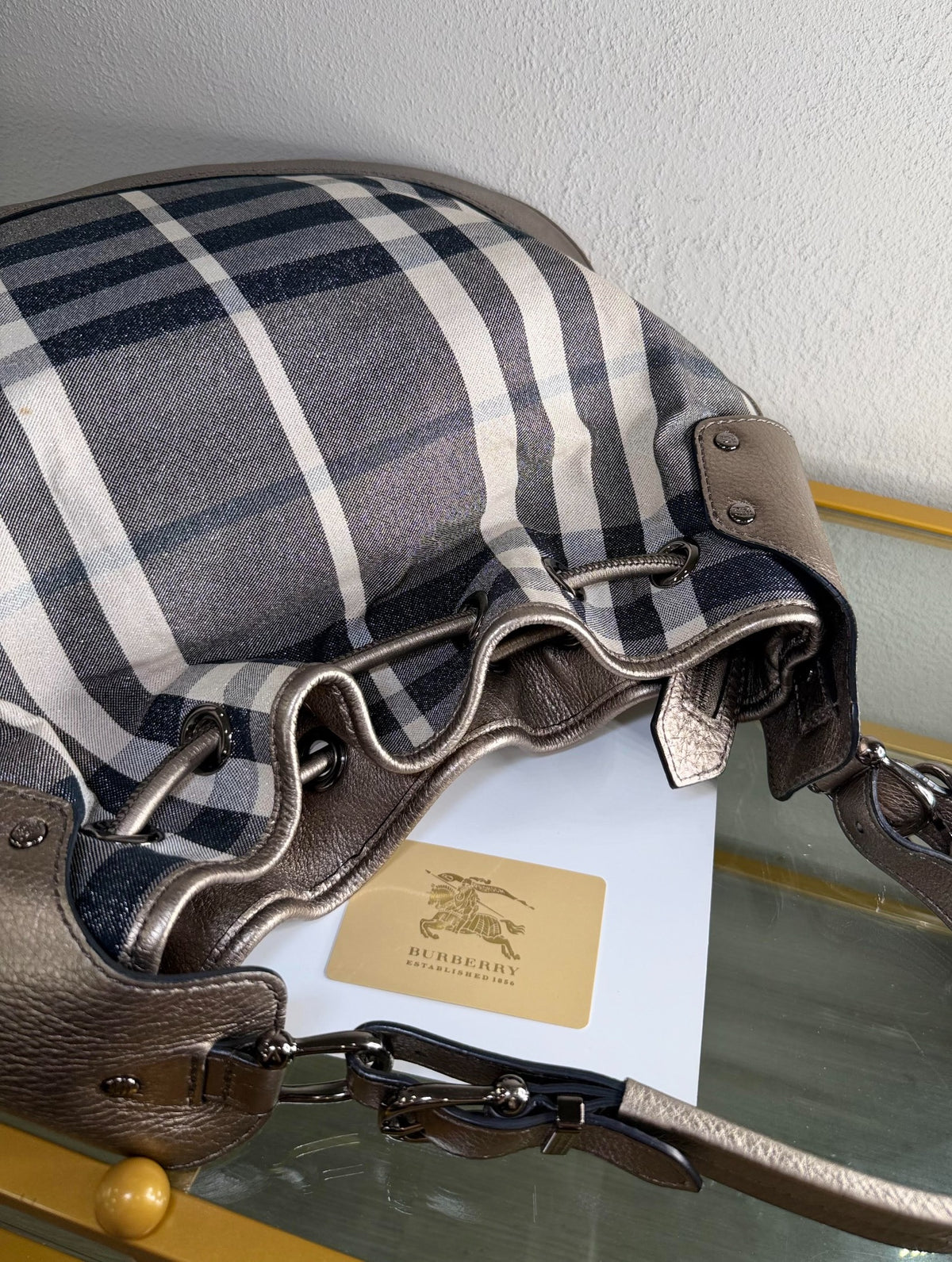Burberry Shimmer Check Hobo in Pewter