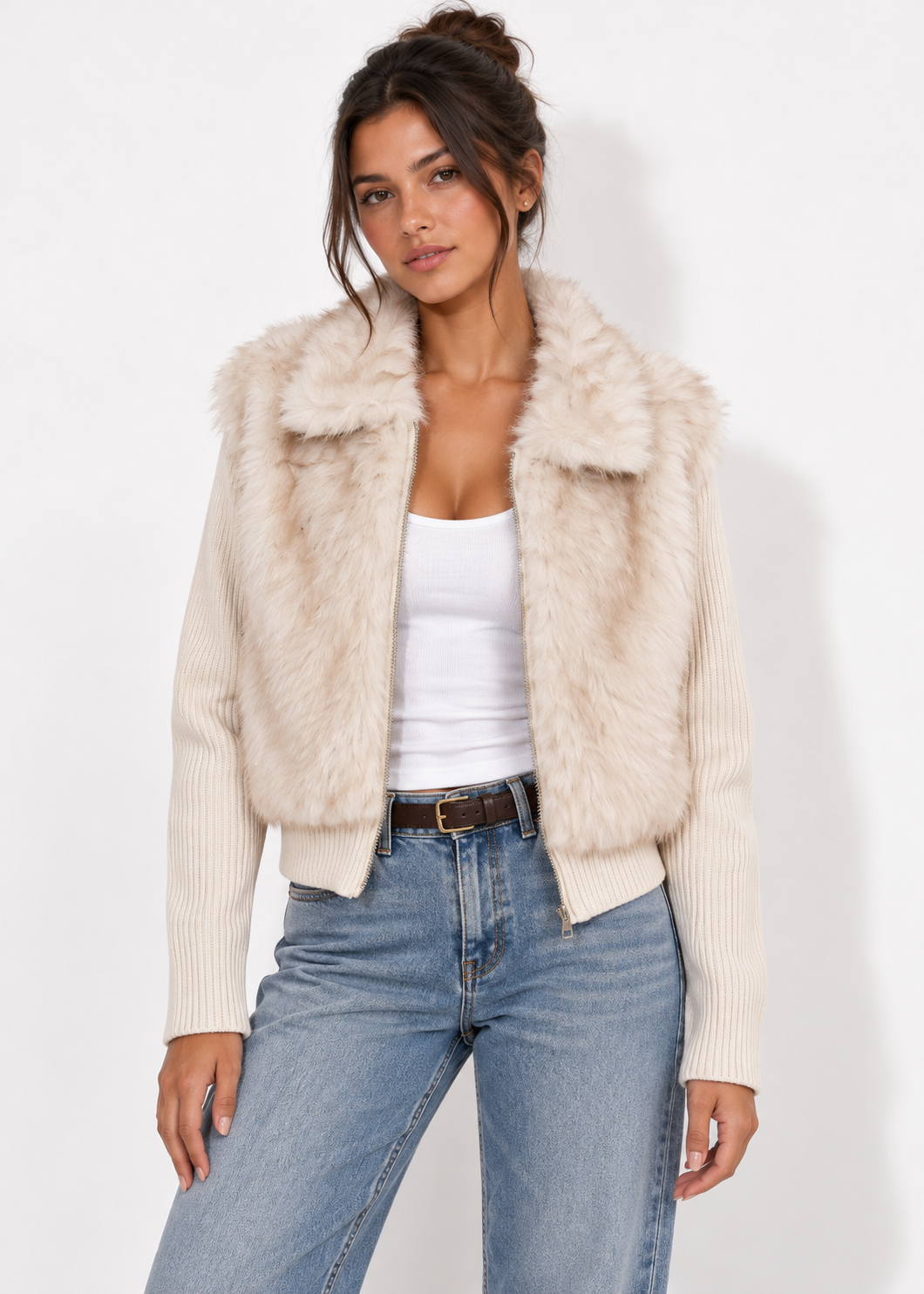 Vesper Faux Fur Cropped Jacket in off-white, front view styled with jeans