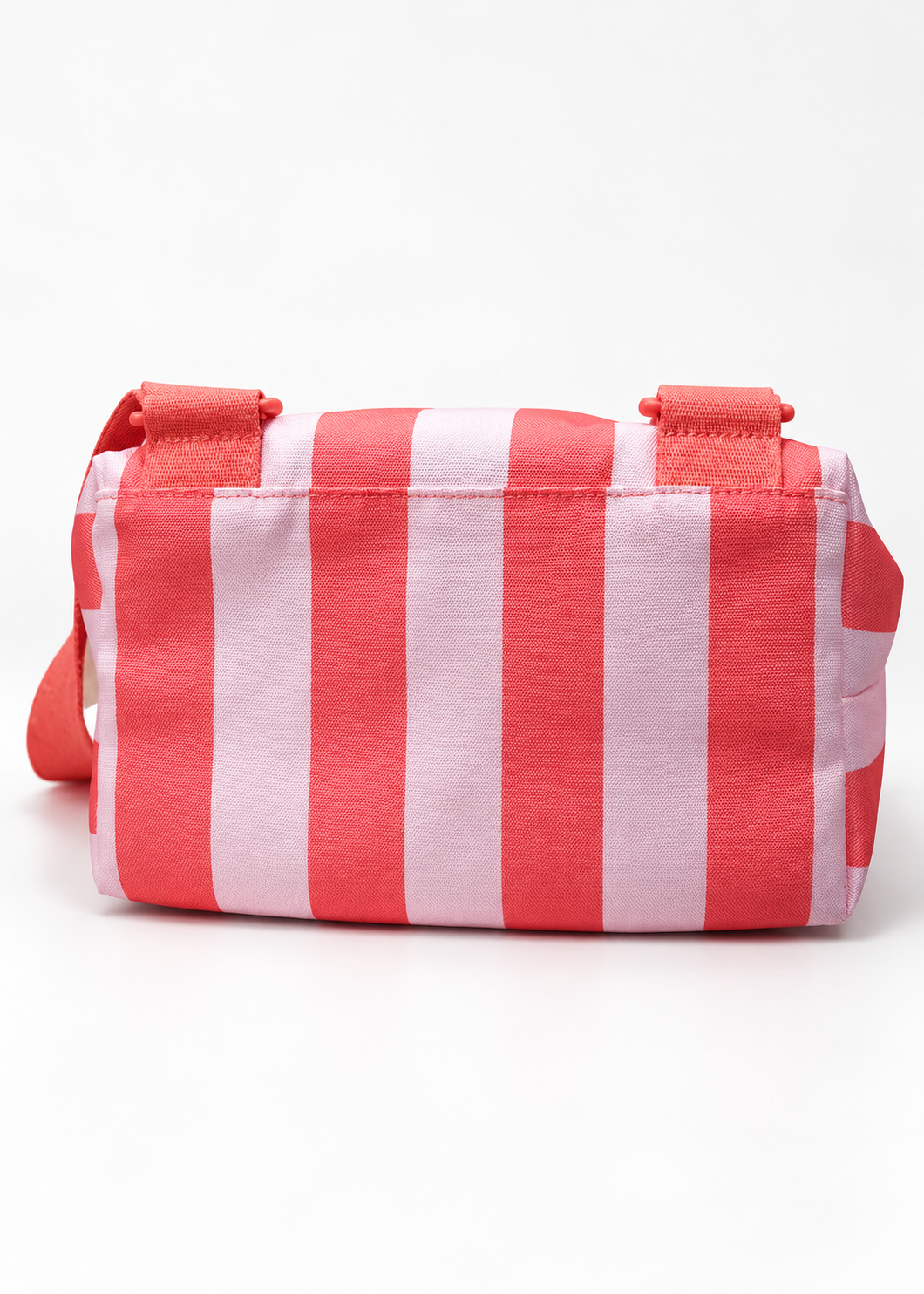 Victoria's Secret coral pink striped cooler backpack, striped underside and strap attachment details