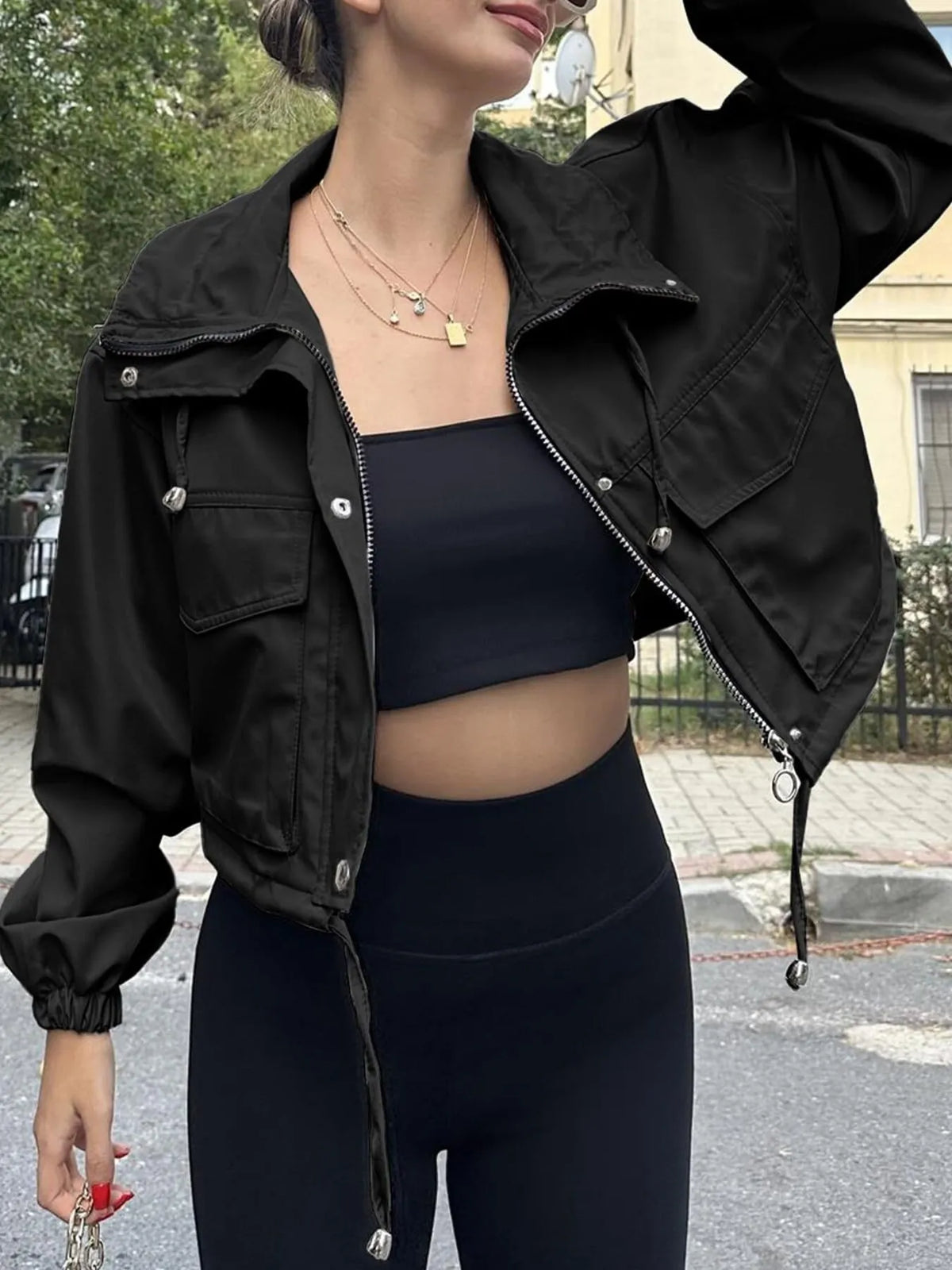 Cropped Zip-Up Drawstring Jacket with Pockets - Gloss & Grit