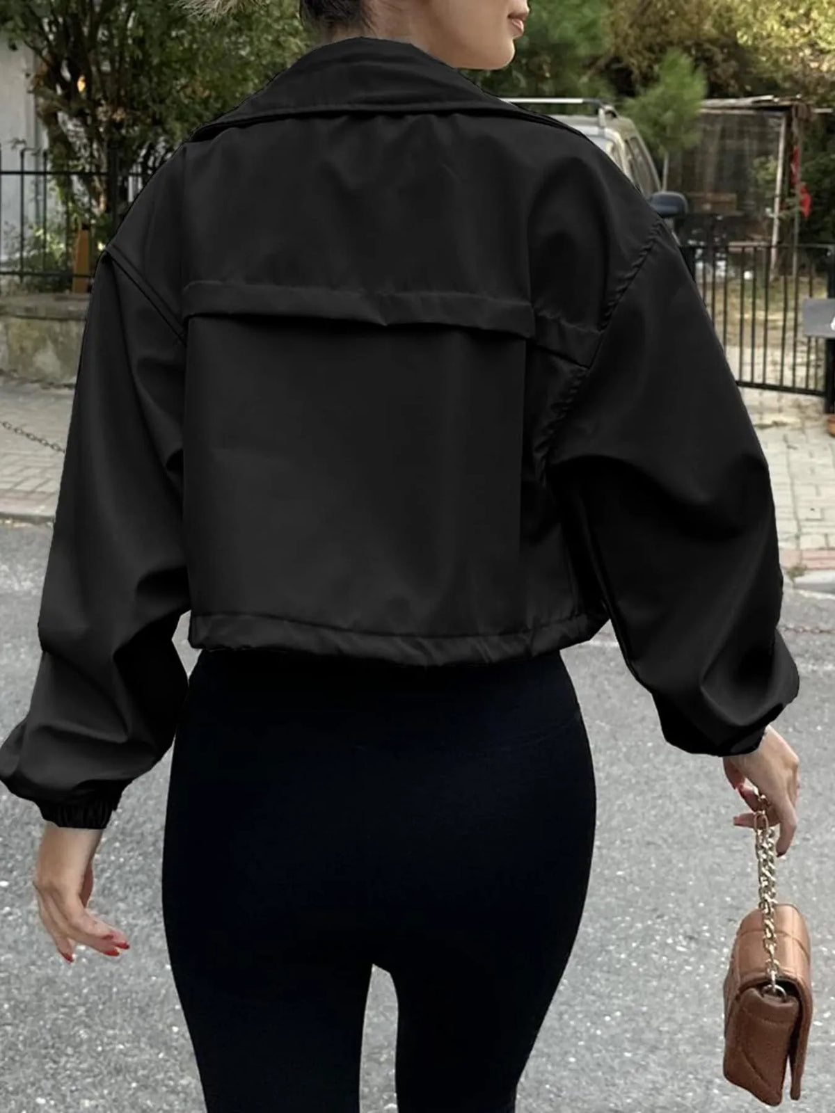 Cropped Zip-Up Drawstring Jacket with Pockets - Gloss & Grit