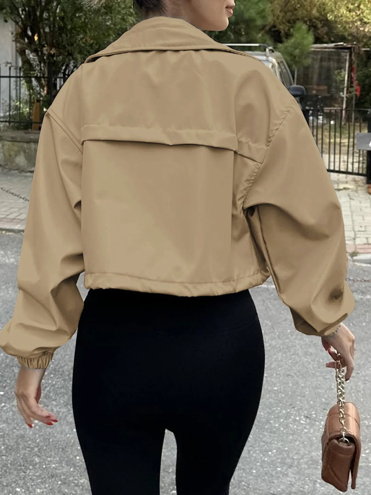 Cropped Zip-Up Drawstring Jacket with Pockets - Gloss & Grit