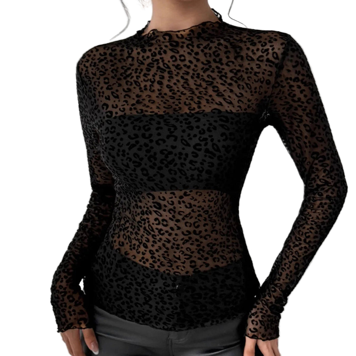 Leopard Print Sheer Mesh Long Sleeve Top - Gloss & Grit