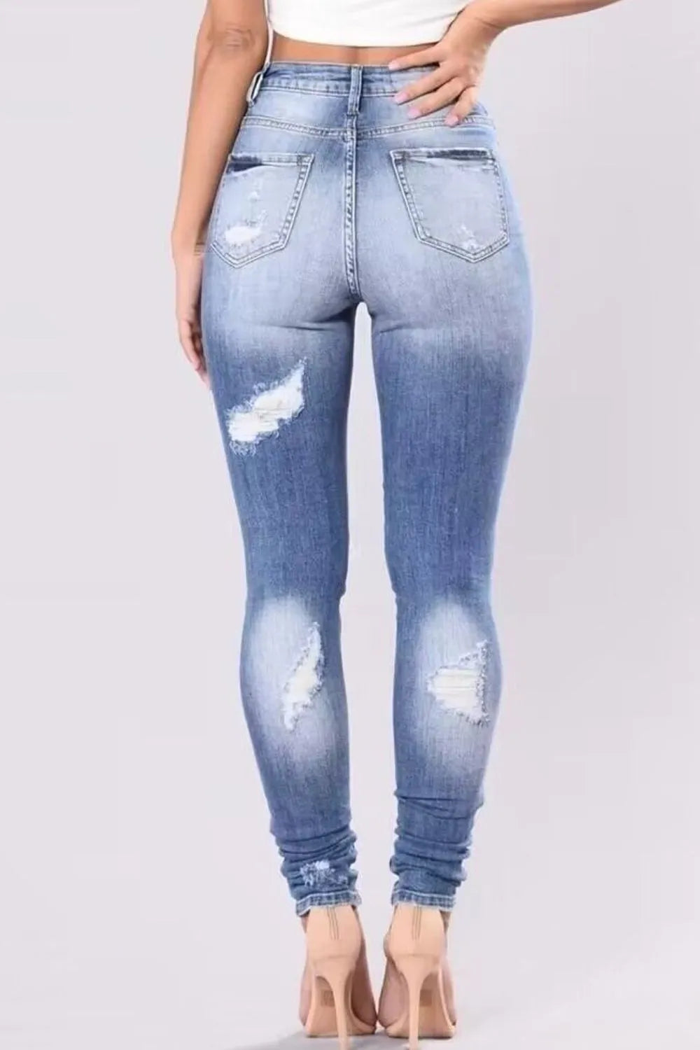 High Rise Distressed Skinny Jeans in Stretch Denim - Gloss & Grit