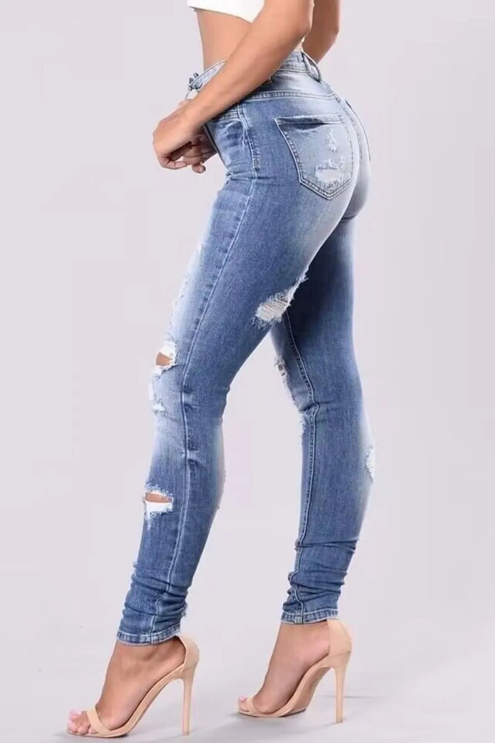 High Rise Distressed Skinny Jeans in Stretch Denim - Gloss & Grit