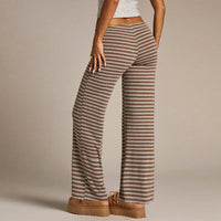 Women’s Khaki Striped Wide Leg Lounge Pants Casual Drawstring Fit