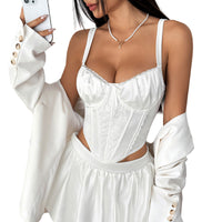 Women’s Lace Coquette Bustier Crop Top with Bow Straps – White Corset Camisole