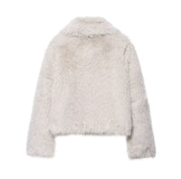Women’s Faux Fur Jacket with Collar – Ivory Plush Zipper Coat for Winter Outfits