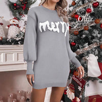 Women's “MERRY” Knit Sweater Dress Mini Holiday Christmas Long Sleeve Outfit