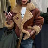 Women’s Camel Faux Shearling Jacket – Lined Winter Coat with Collar and Pockets