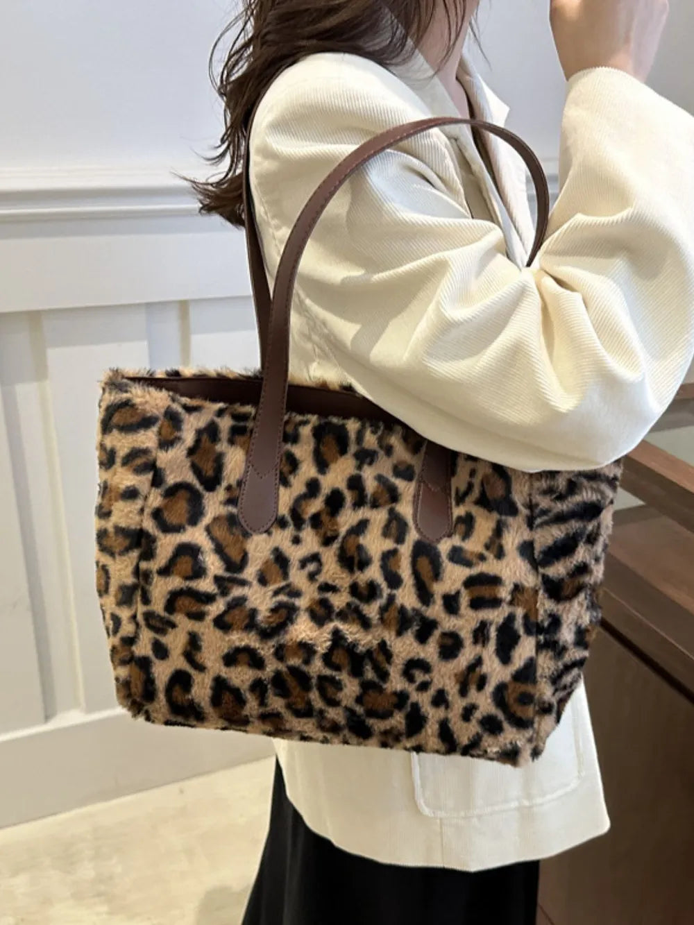 Leopard Print Faux Fur Tote Bag with Zip Closure