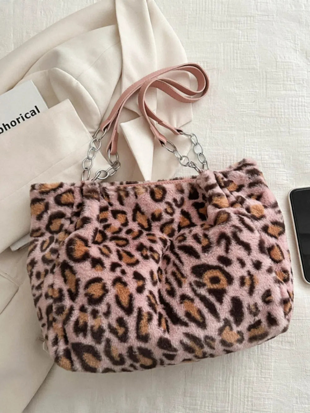 Women’s Faux Fur Leopard Shoulder Bag Chain Strap Soft Slouchy Handbag