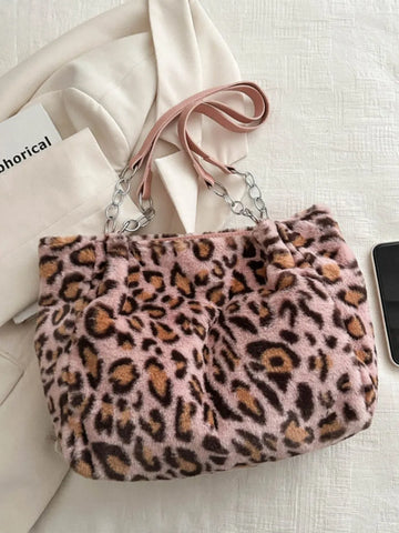 Women’s Faux Fur Leopard Shoulder Bag Chain Strap Soft Slouchy Handbag