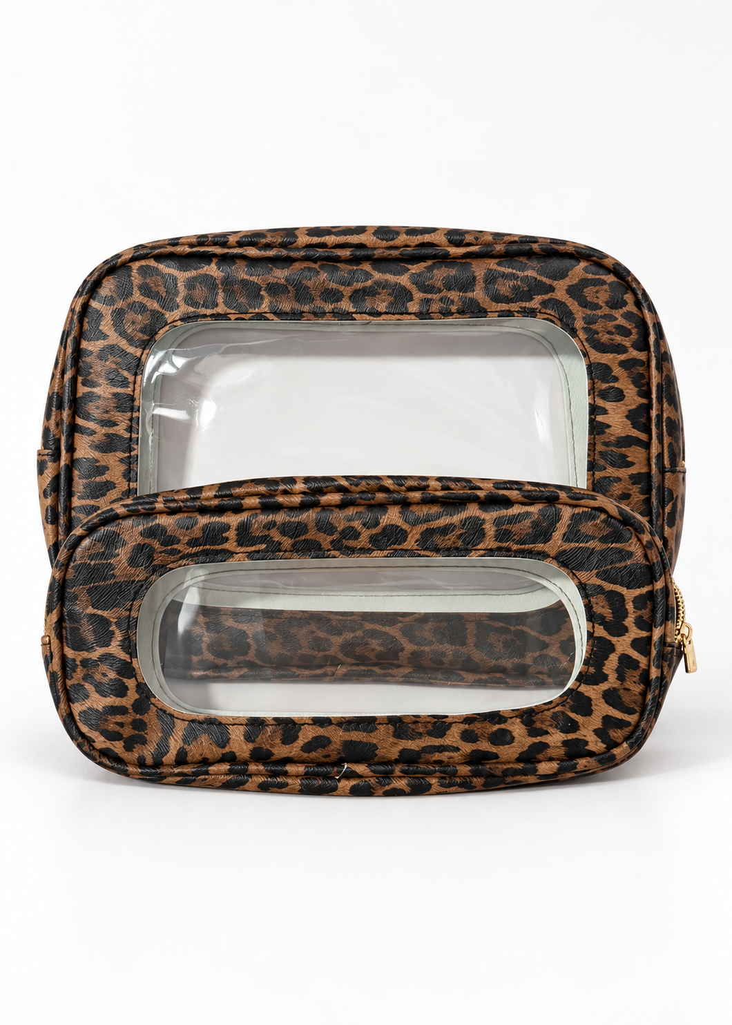 Leopard print clear cosmetic bag set in two sizes filled with makeup