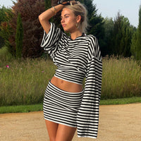 Women’s Striped Two-Piece Set – Batwing Sleeve Top and Mini Skirt Casual Outfit