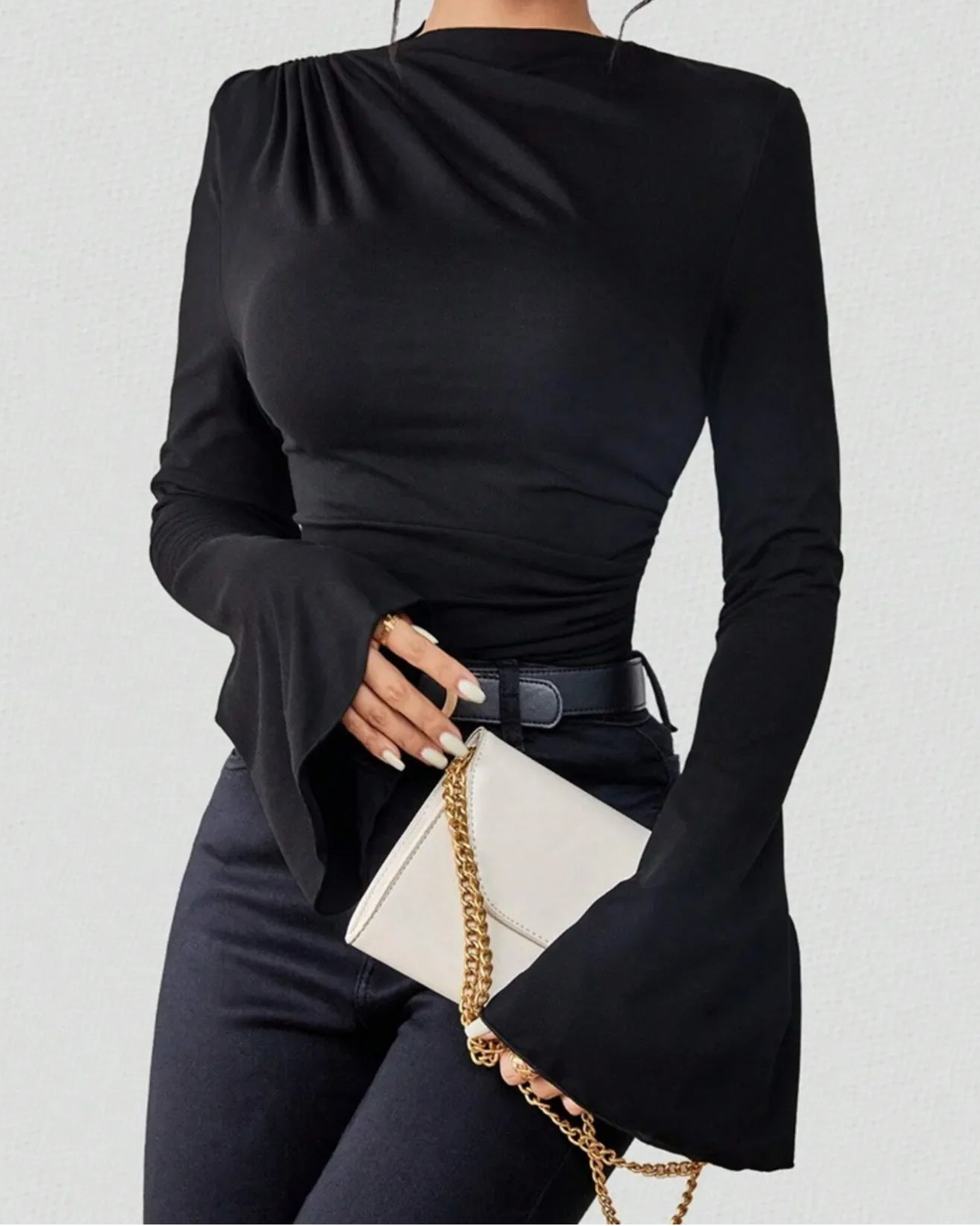 Ruched Mock Neck Bell Sleeve Top