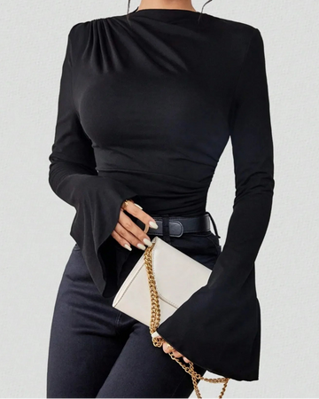 Ruched Mock Neck Bell Sleeve Top