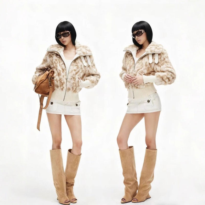 Women’s Beige Faux Fur Short Jacket Stand Collar Zip Front Coat