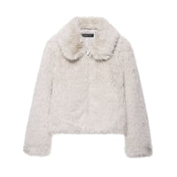 Women’s Faux Fur Jacket with Collar – Ivory Plush Zipper Coat for Winter Outfits