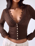 Odette Lace Trim Cropped Knit Cardigan in Coffee, front