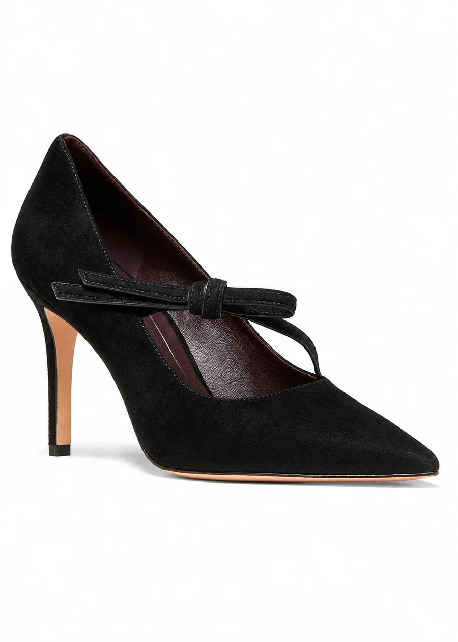 Side view of kate spade Loop black suede pointed-toe pump with bow strap