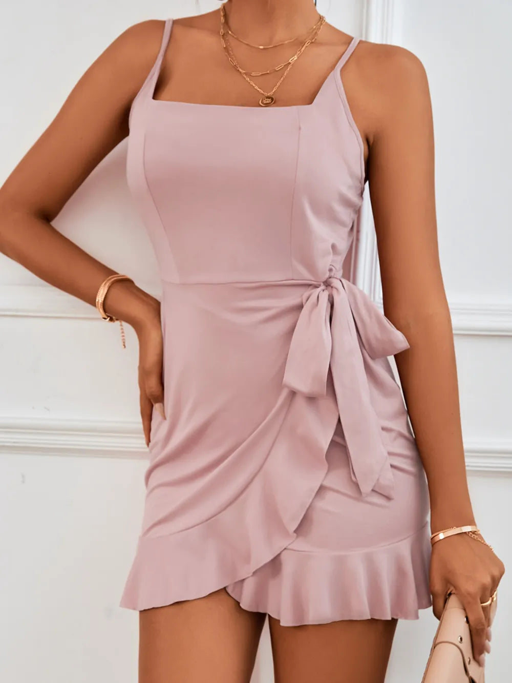 Square Neck Wrap Mini Dress with Ruffle Hem